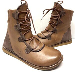 MIZ MOOZ FLATS LEATHER LACE UP BOOTIE SIDE ZIP COFFEE 37EU / 7US NEW # Z-168